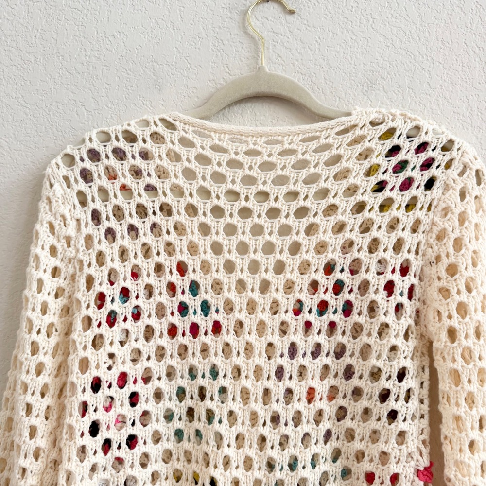Vintage Style Granny Square Crochet Cardigan Cream Multi Boho Cropped Sweater S - Picture 8 of 9